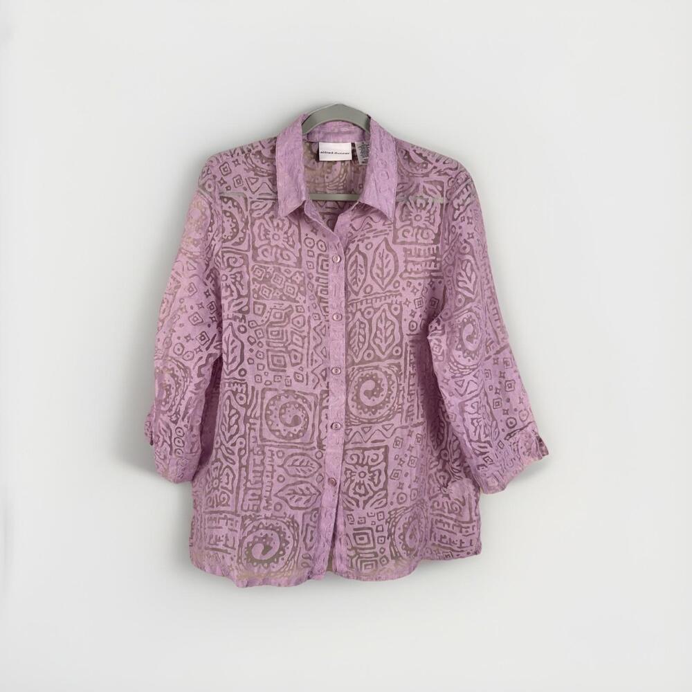 Alfred Dunner Lavender Geometric Sheer Button-Up Blouse 3/4 Sleeve Size 12